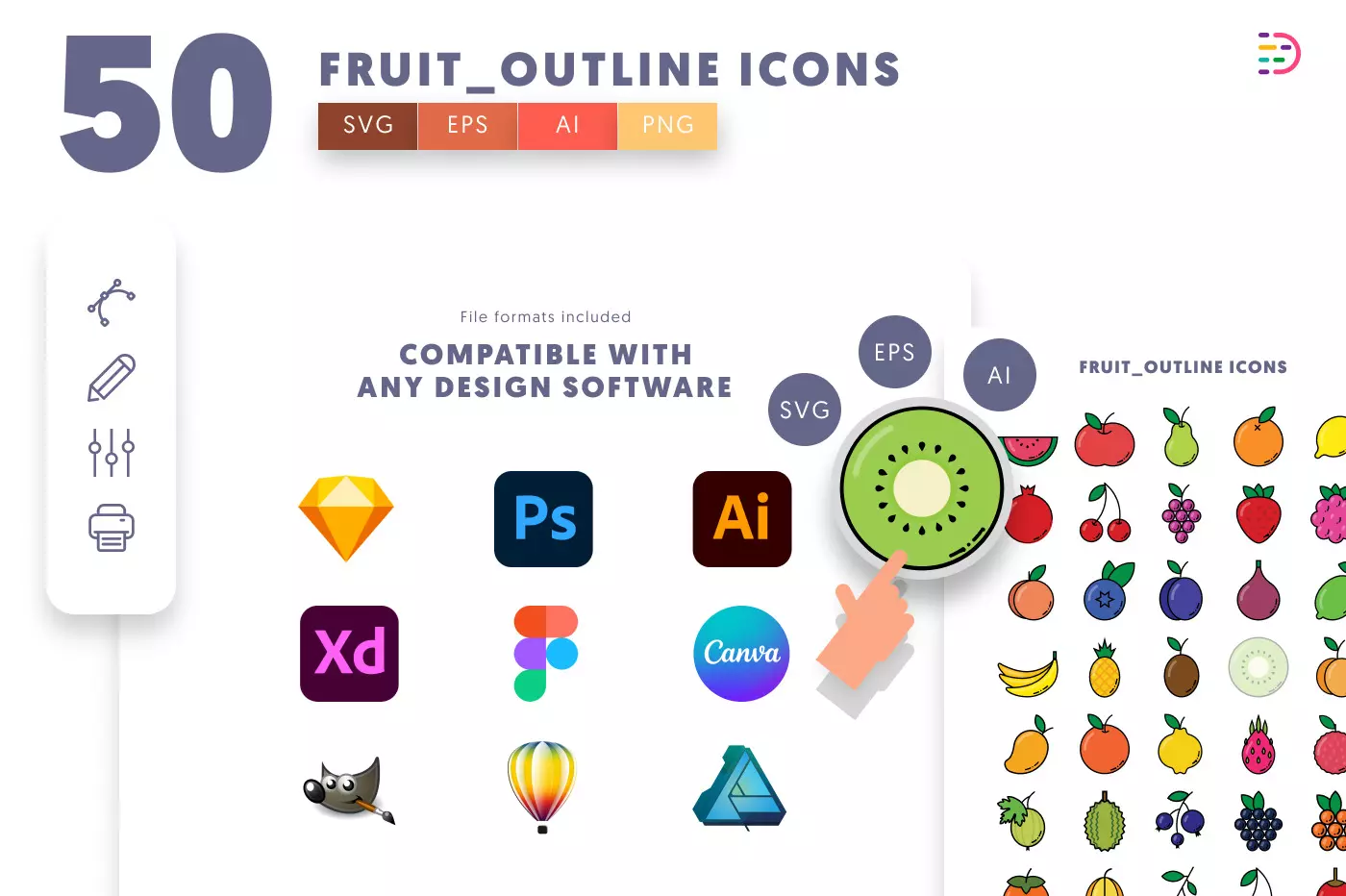 50 Fruit Outline Icons preview 8 – flat circle icons in PNG, SVG and EPS