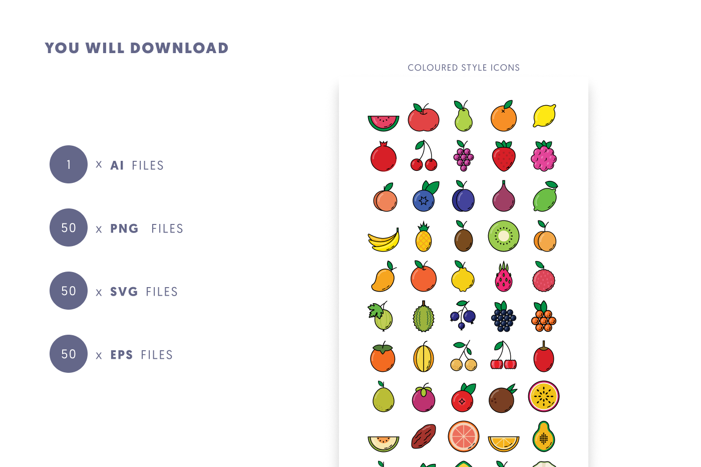 50 Fruit Outline Icons preview 9 – flat circle icons in PNG, SVG and EPS