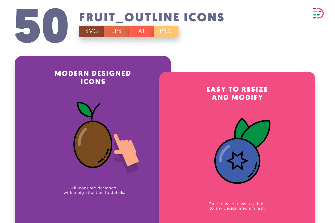 50 Fruit Outline Icons cover – flat circle icons in PNG, SVG and EPS