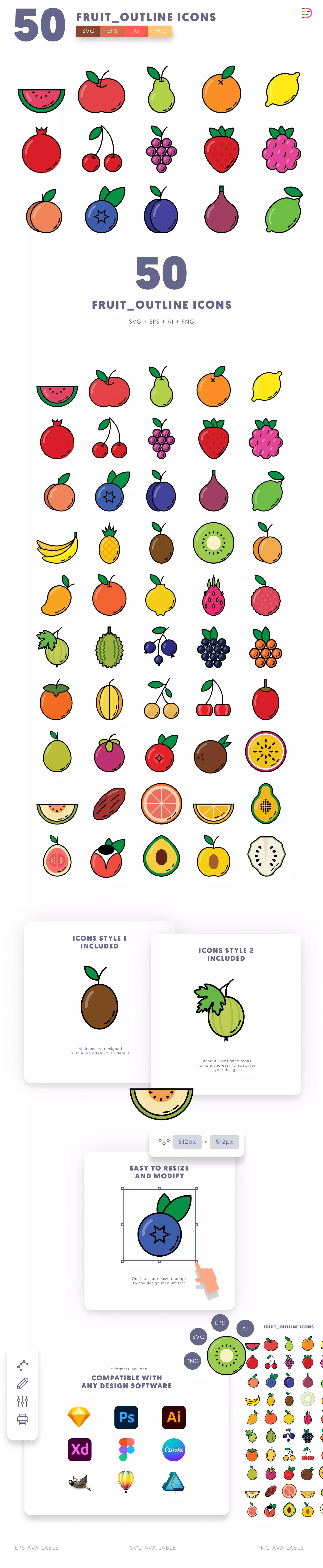 50 Fruit Outline Icons cover – flat circle icons in PNG, SVG and EPS