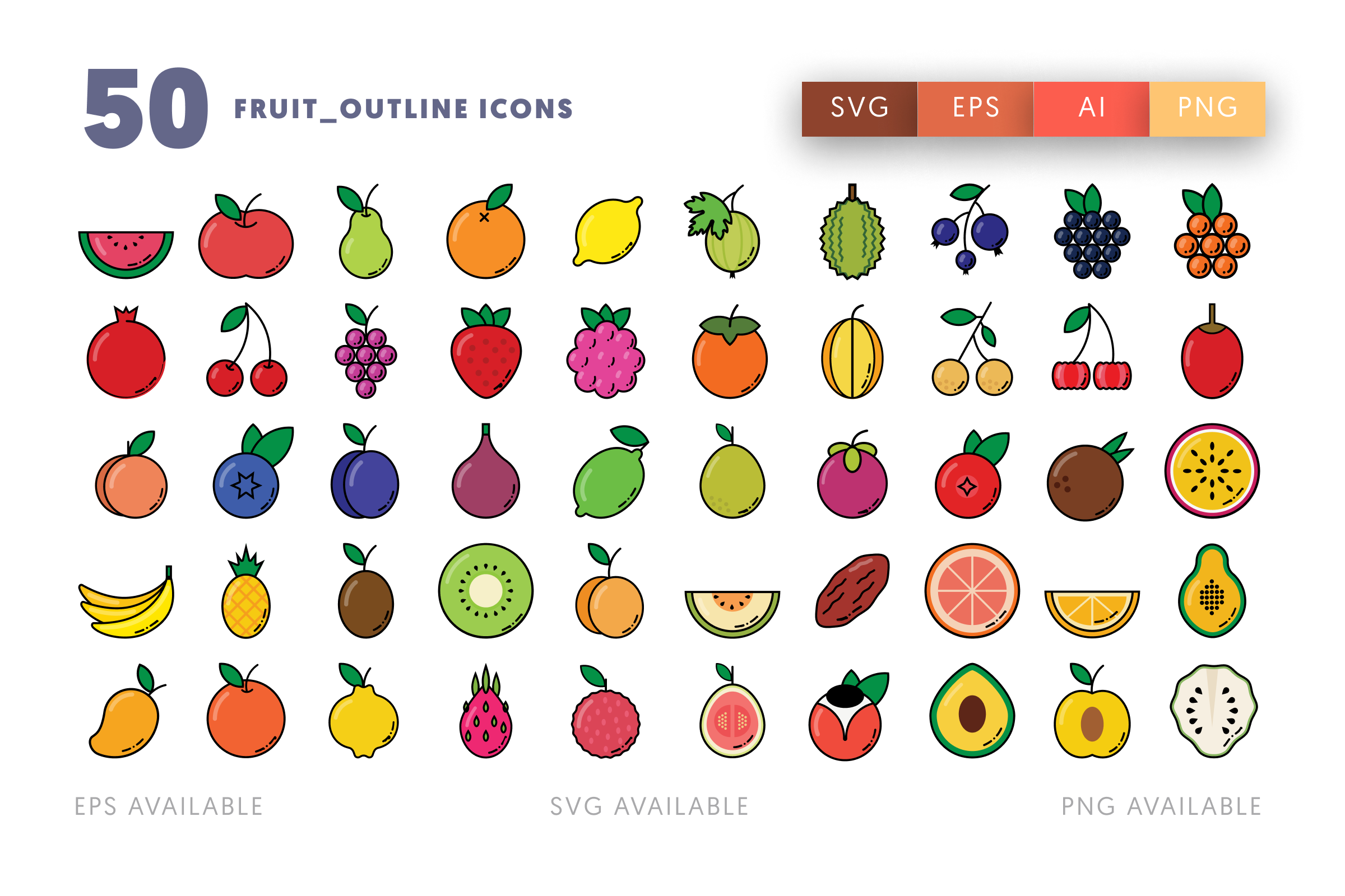 50 Fruit Outline Icons – flat circle icon set