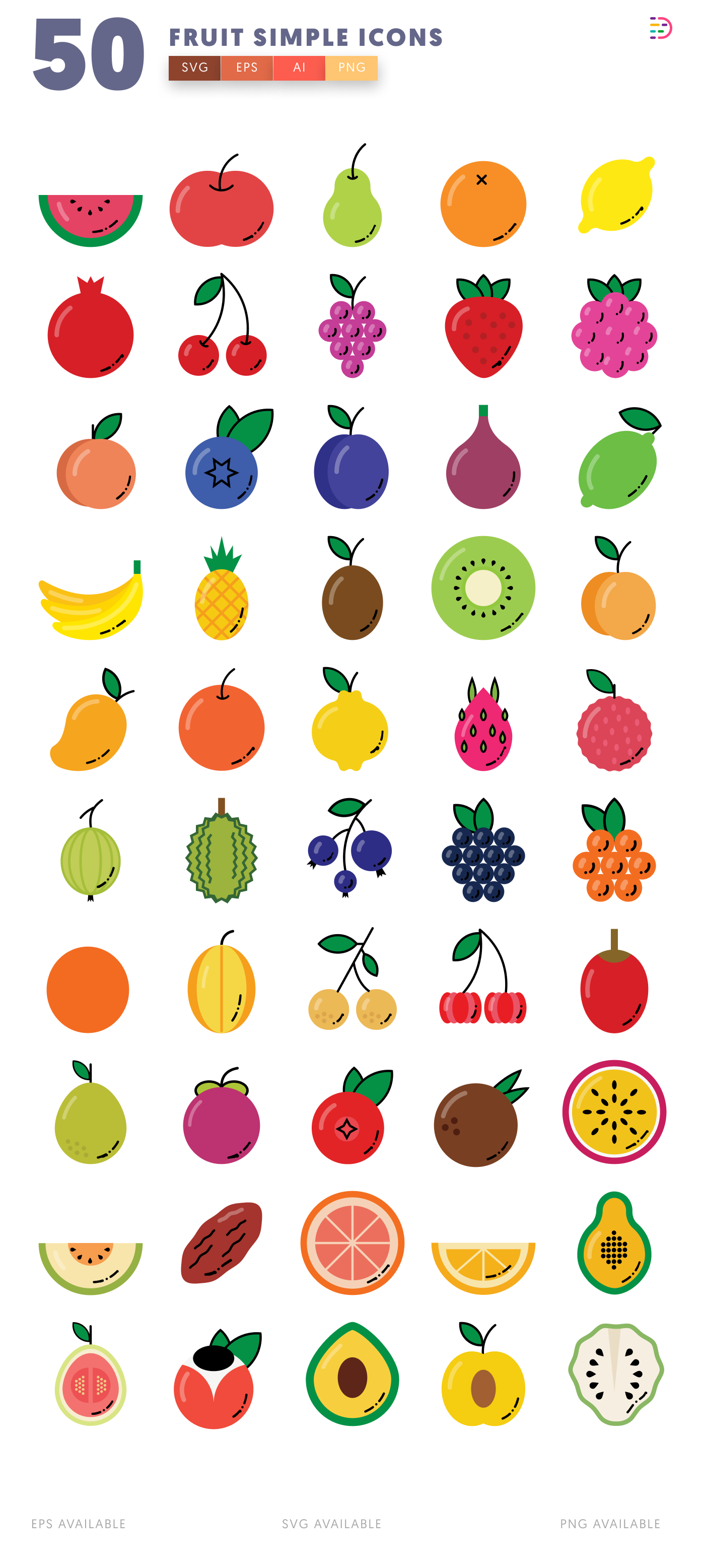 50 Fruit Simple Icons – all icons in the set