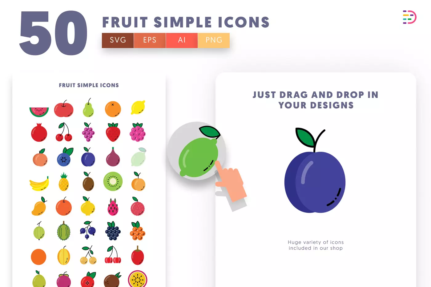 50 Fruit Simple Icons preview 1 – flat circle icons in PNG, SVG and EPS