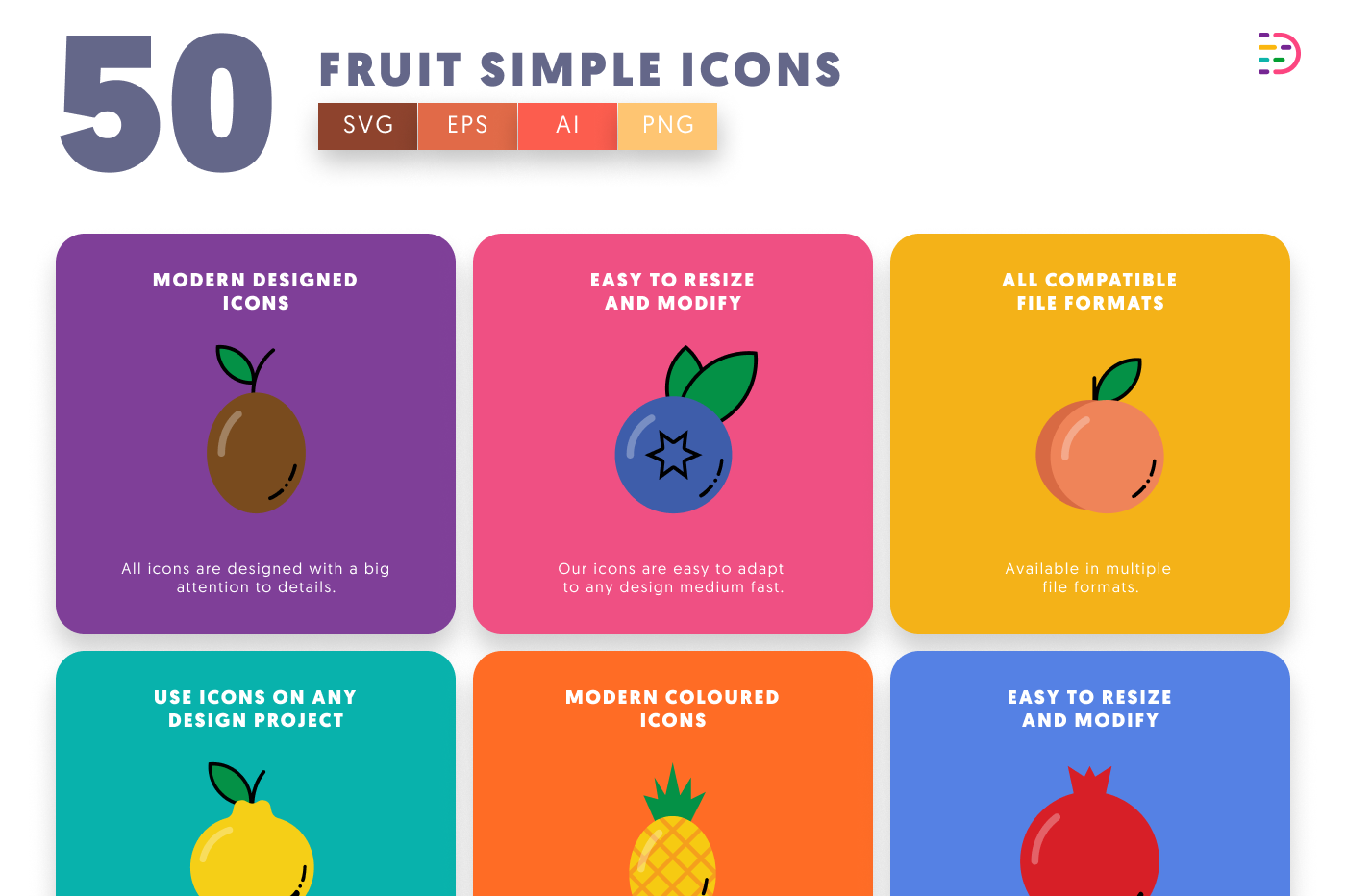 50 Fruit Simple Icons preview 5 – flat circle icons in PNG, SVG and EPS