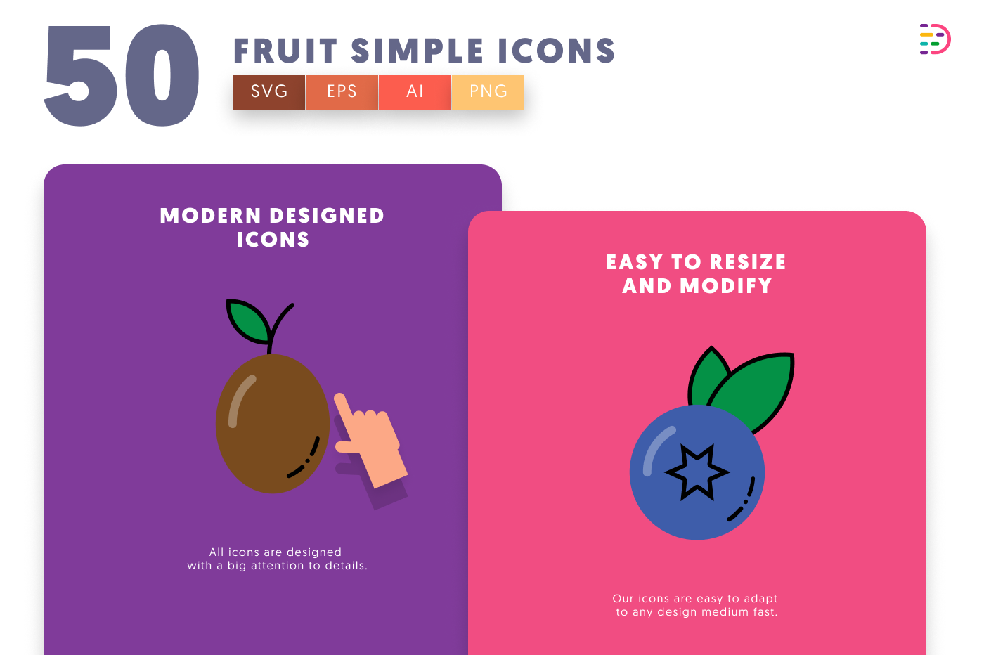 50 Fruit Simple Icons cover – flat circle icons in PNG, SVG and EPS