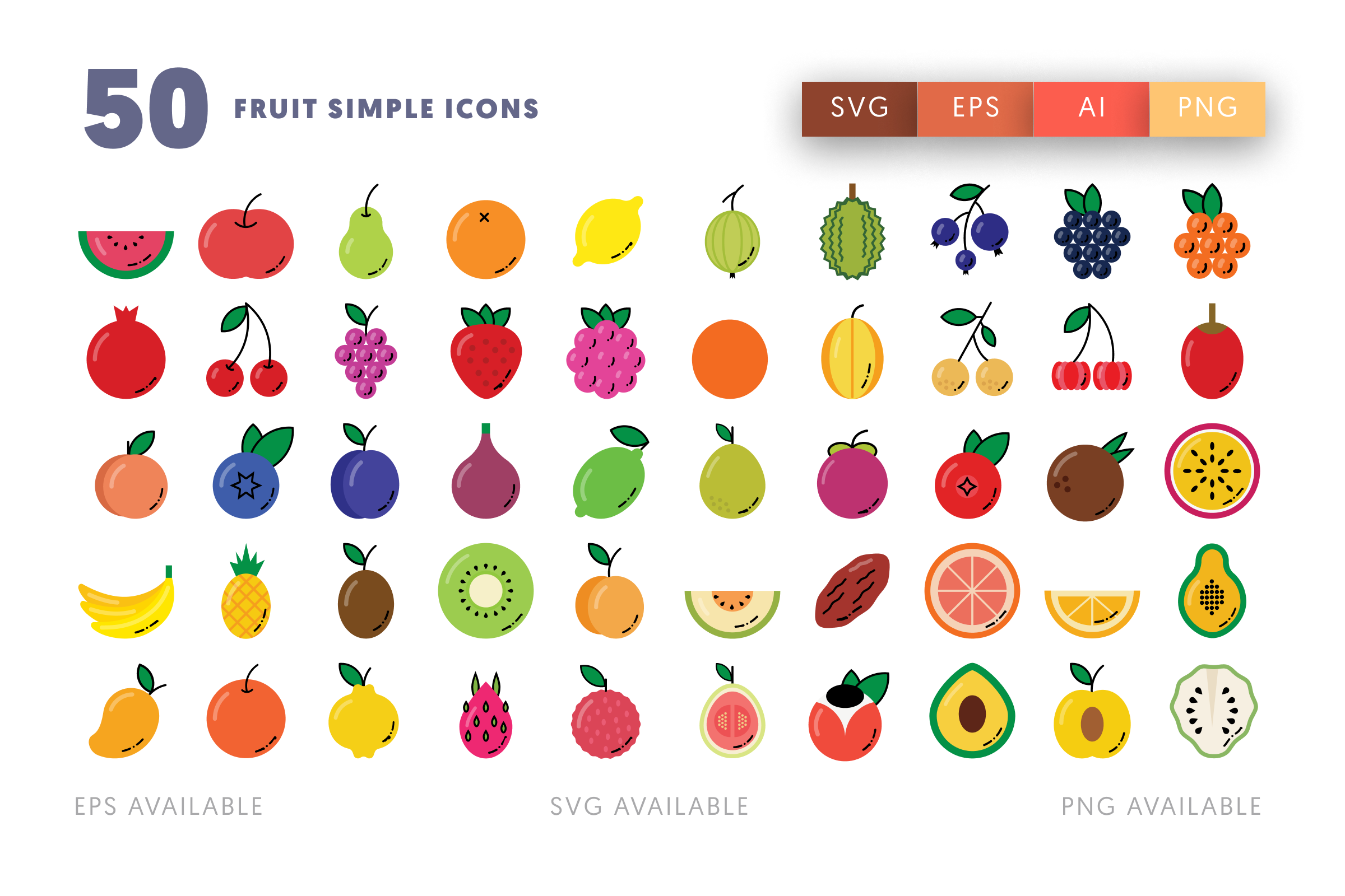 50 Fruit Simple Icons – flat circle icon set