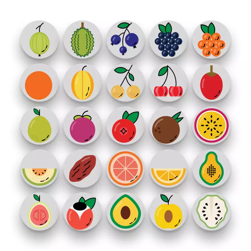 50 Fruit Simple Icons – set of colorful flat circle icons