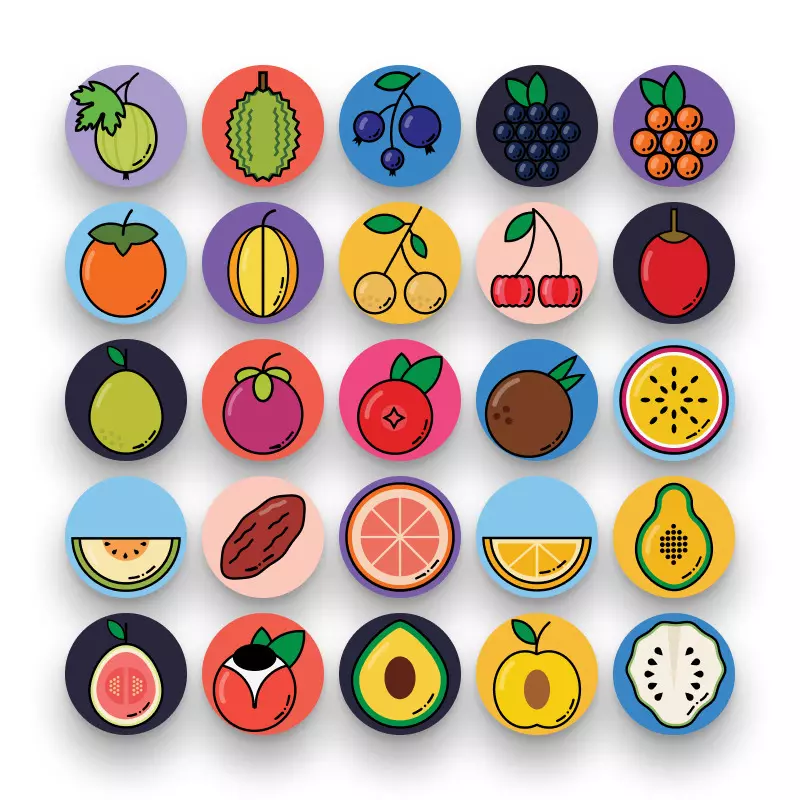 50 Fruit Icons – set of colorful flat circle icons