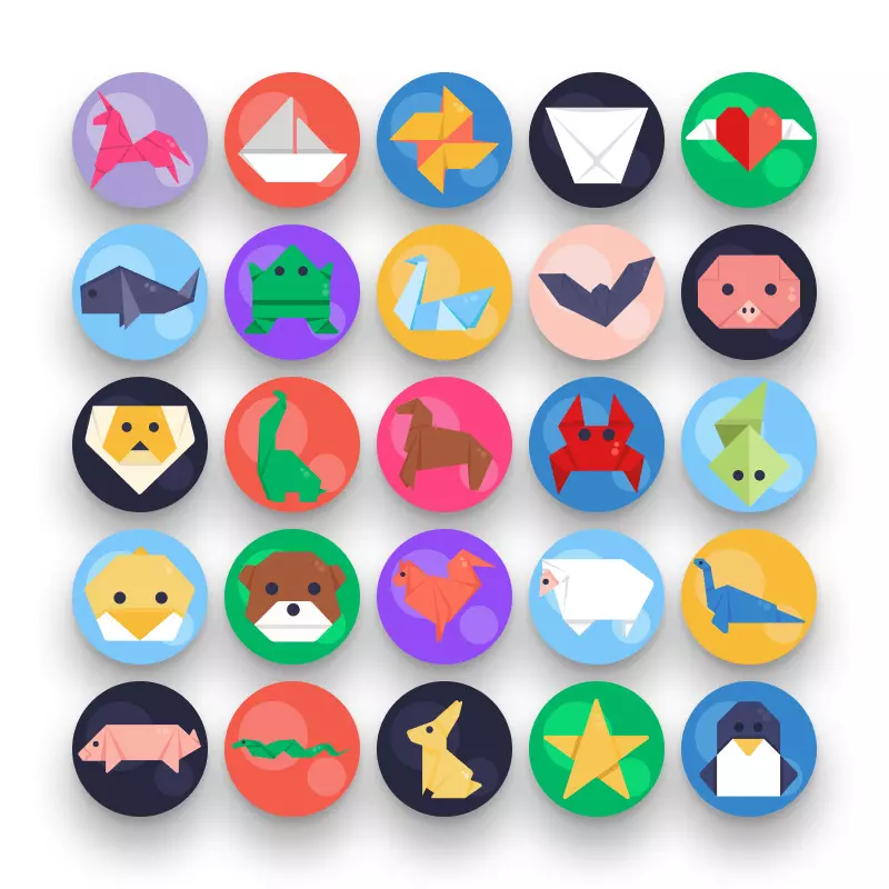 50 Origami Icons – set of colorful flat circle icons