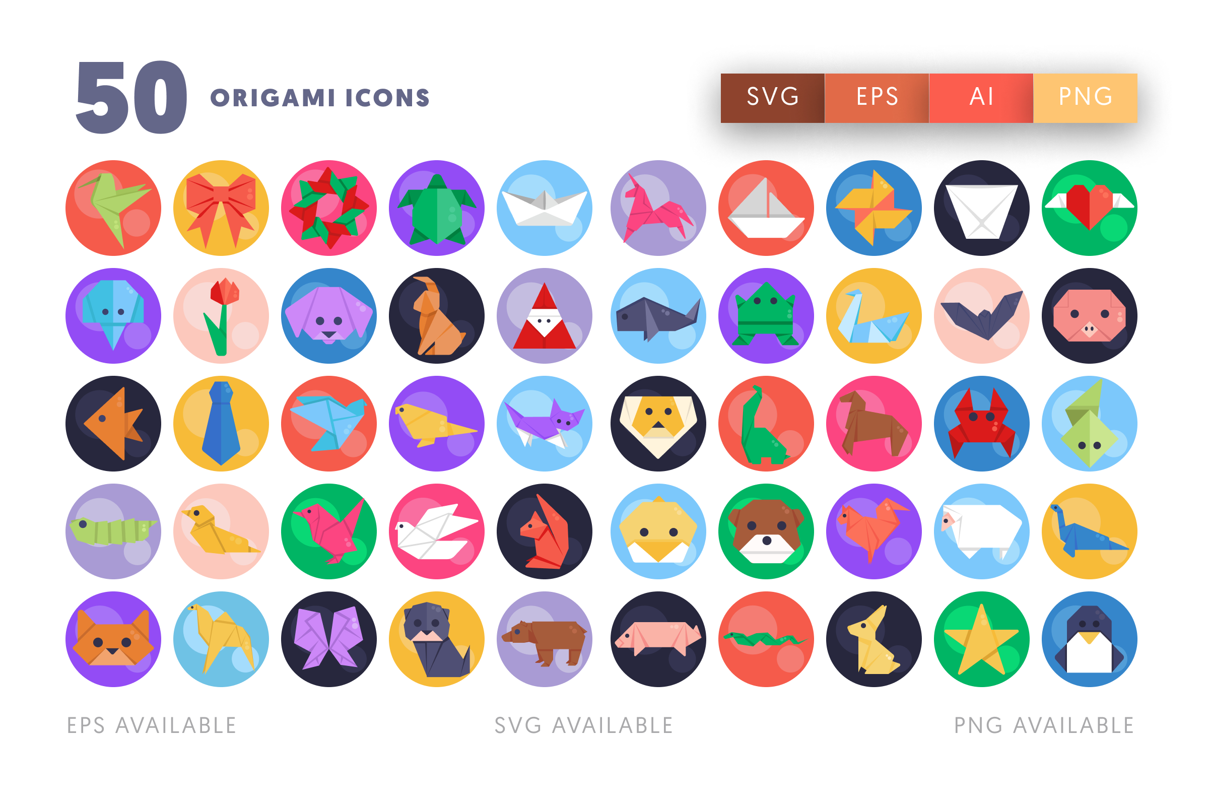 50 Origami Icons – flat circle icon set