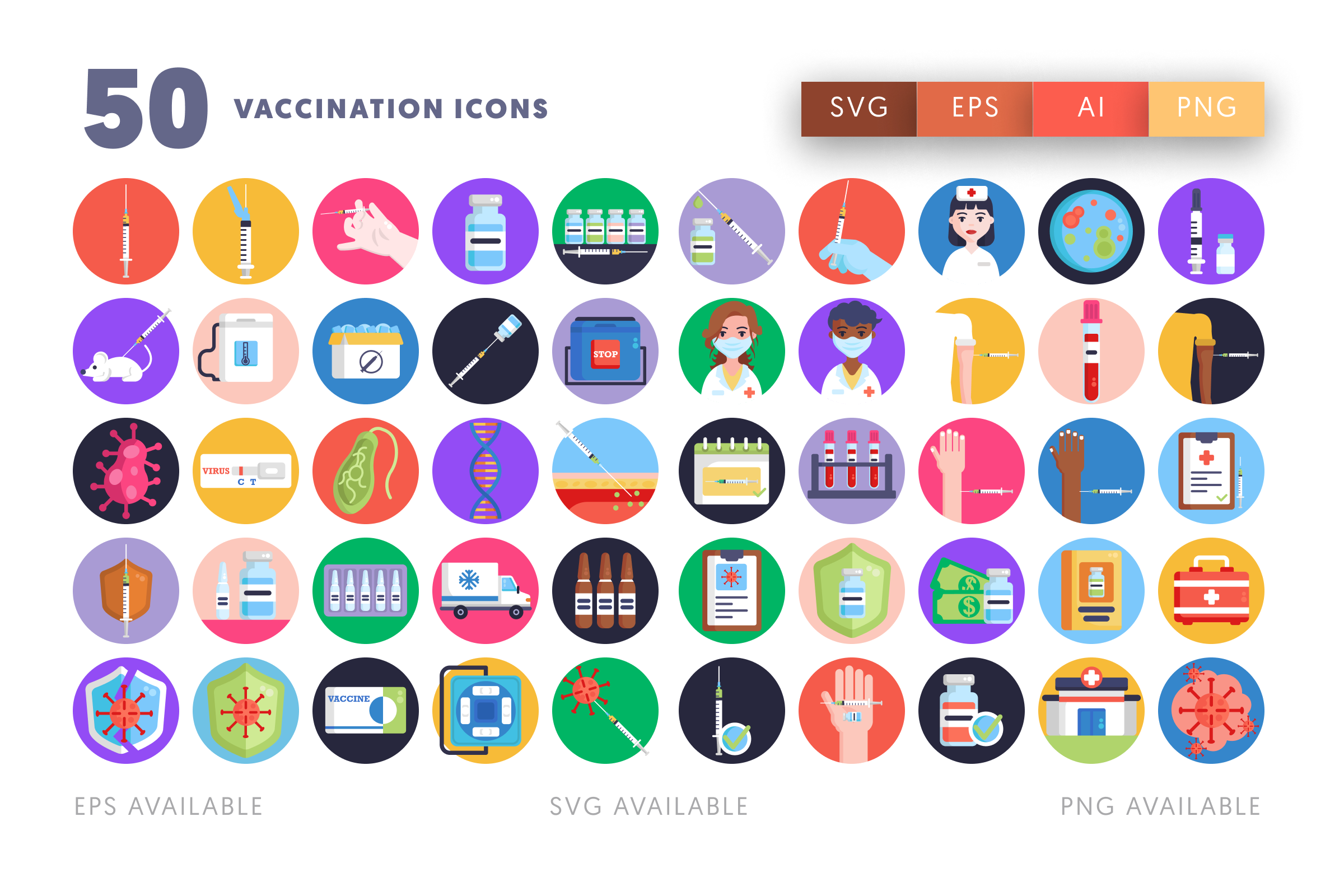 50 Vaccination Icons – flat circle icon set