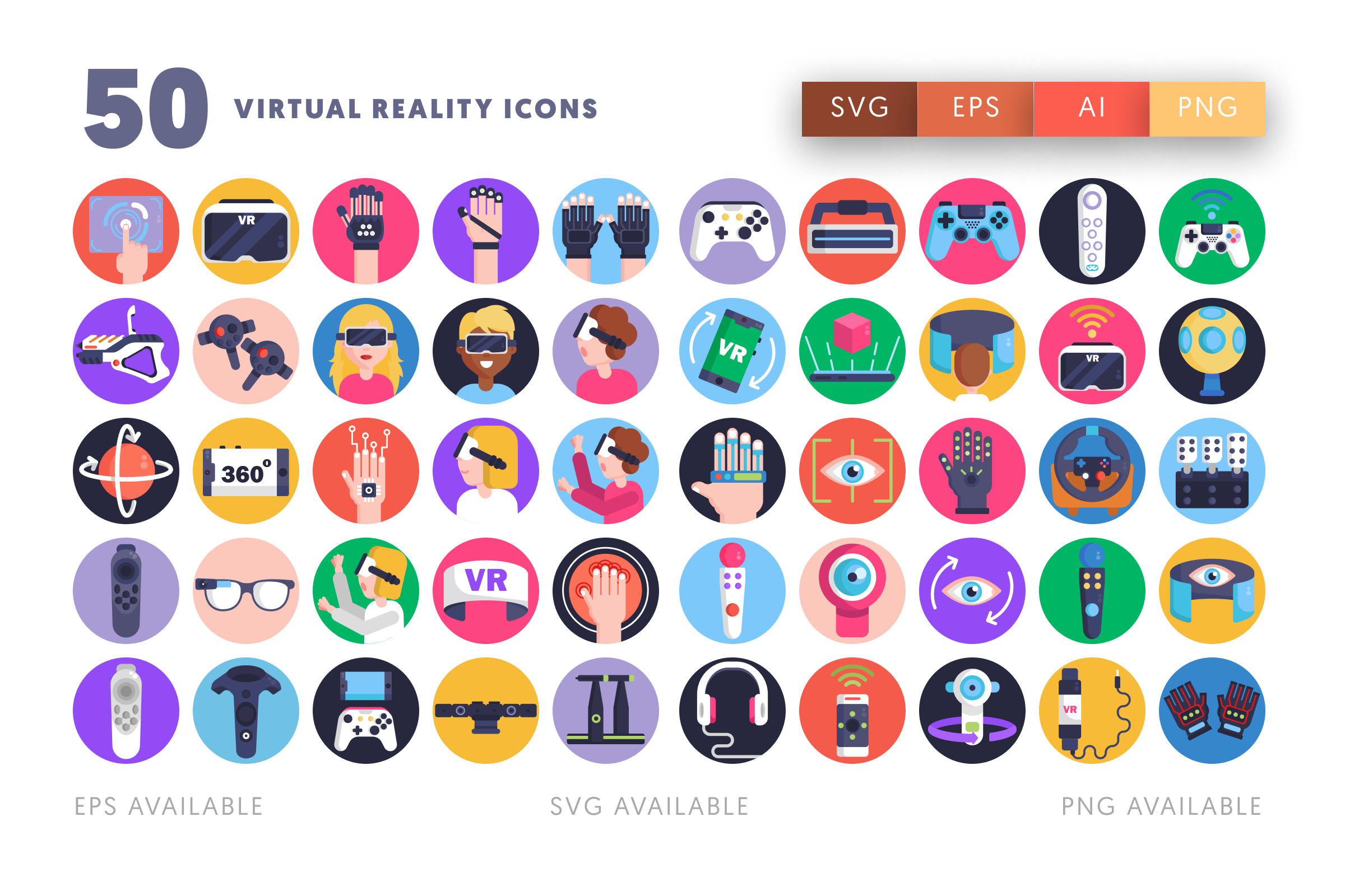 50 Virtual Reality Icons – flat circle icon set