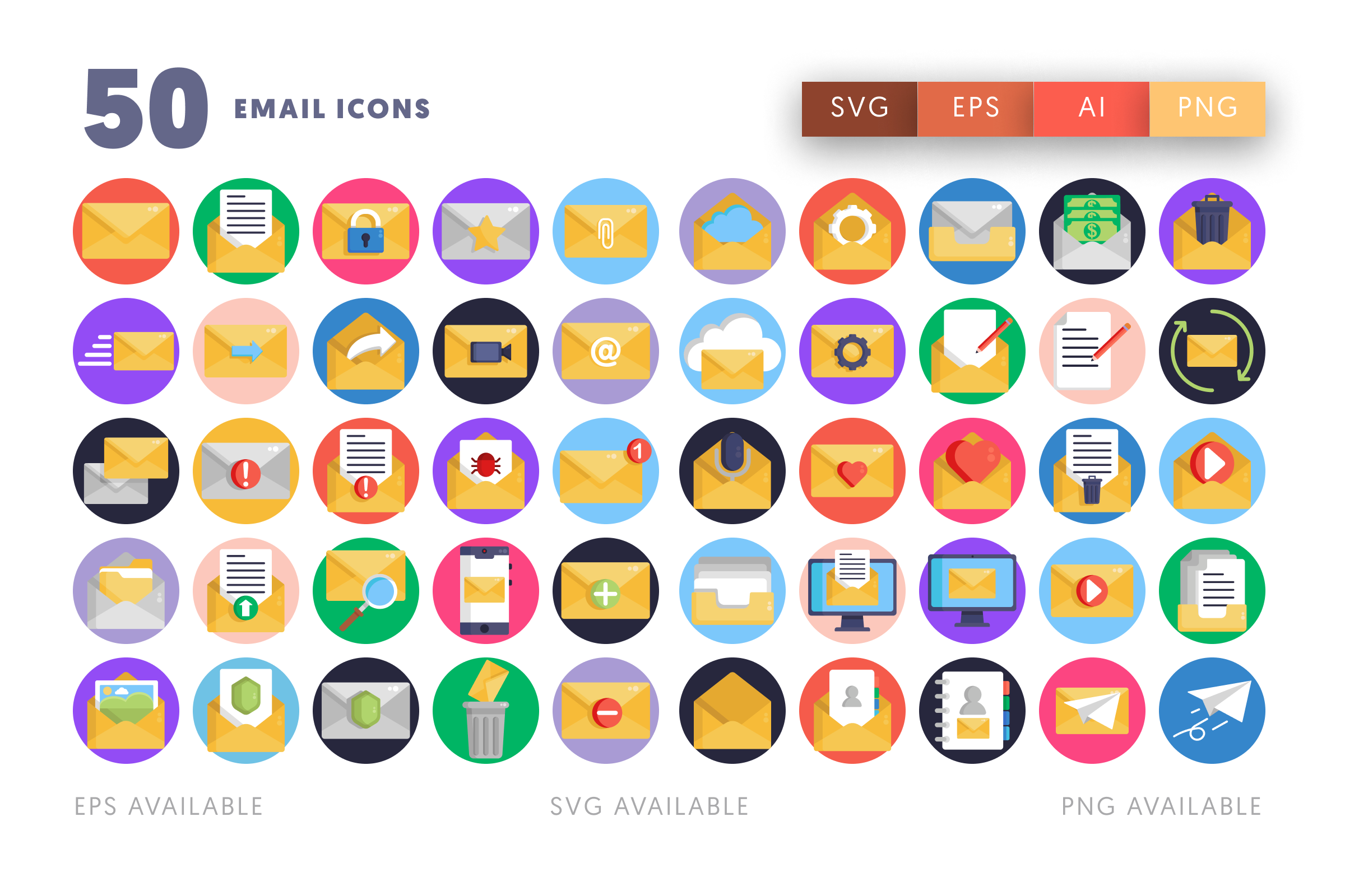 50 Email Icons – flat circle icon set