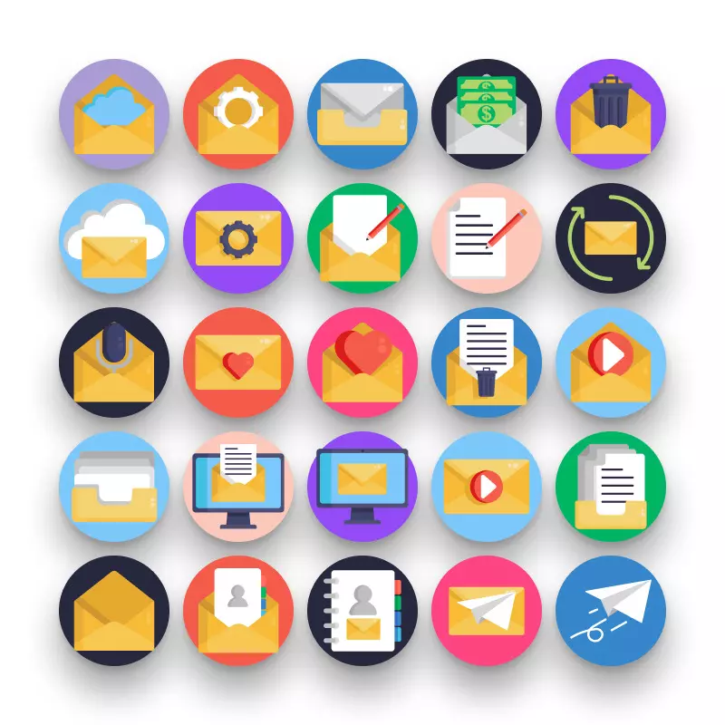 50 Email Icons – set of colorful flat circle icons
