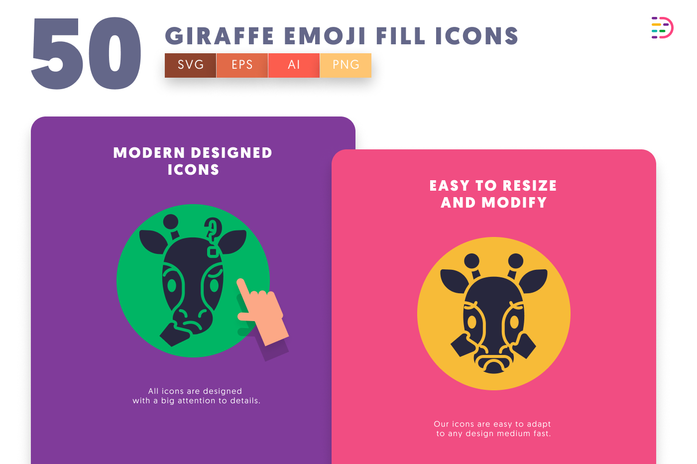 50 Giraffe Emoji Fill Icons cover – illustrated icons in PNG, SVG and EPS