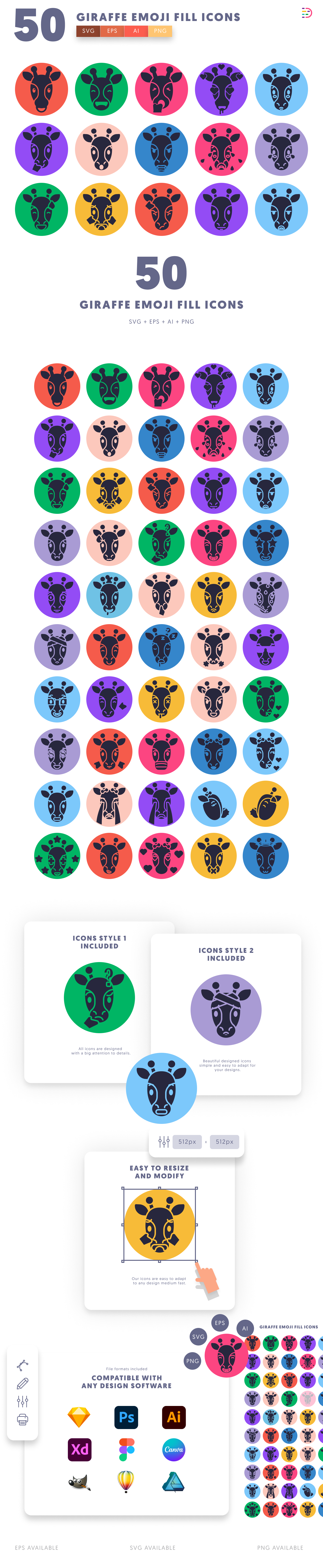 50 Giraffe Emoji Fill Icons cover – illustrated icons in PNG, SVG and EPS