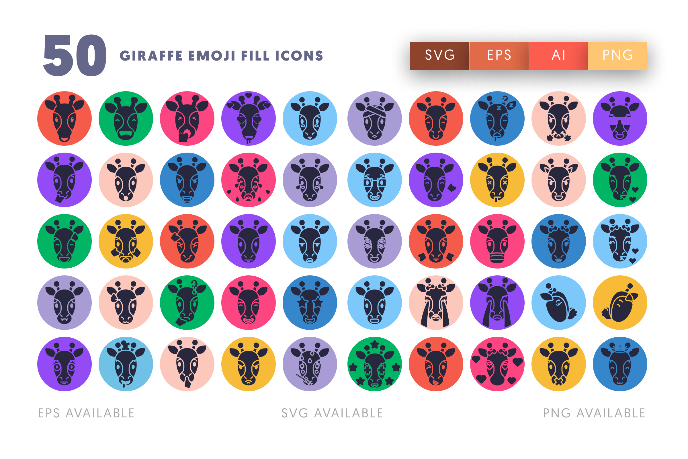 50 Giraffe Emoji Fill Icons – illustrated icon set