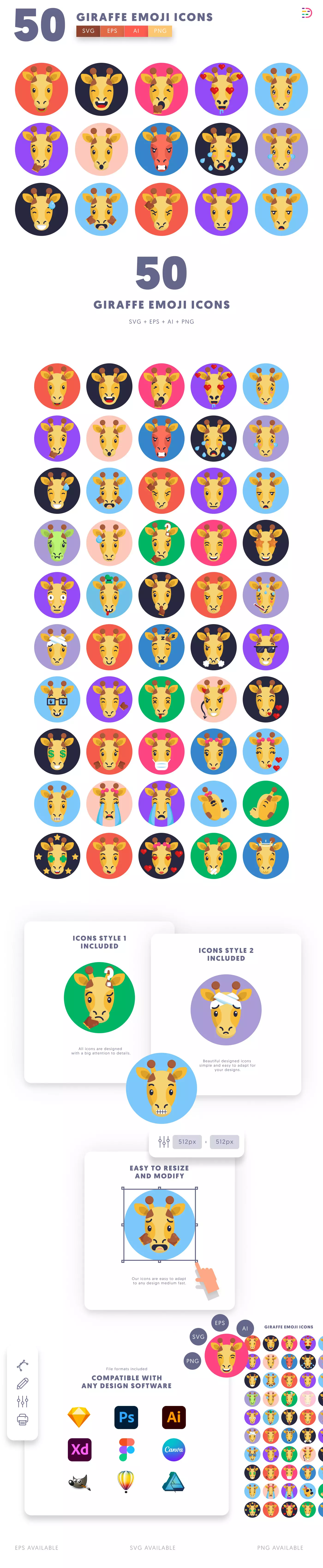 50 Giraffe Emoji Icons cover – illustrated icons in PNG, SVG and EPS