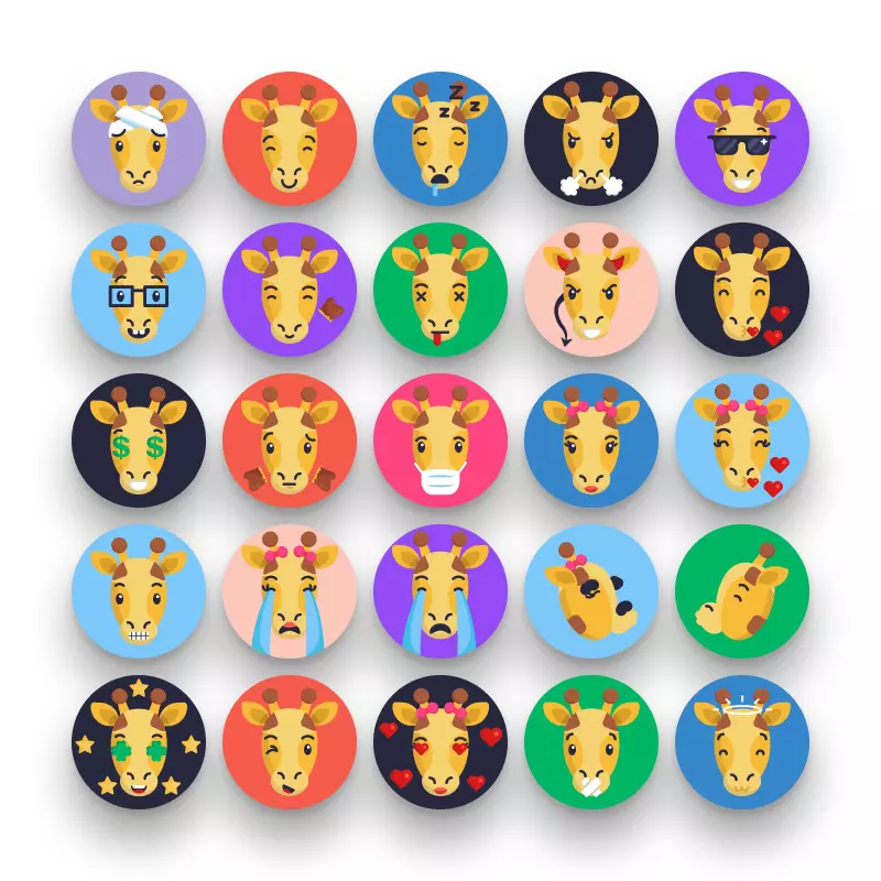 50 Giraffe Emoji Icons – set of colorful illustrated icons