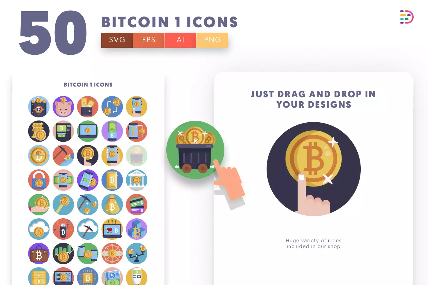 50 Bitcoin Mining & Finance Icons preview 1 – illustrated icons in PNG, SVG and EPS