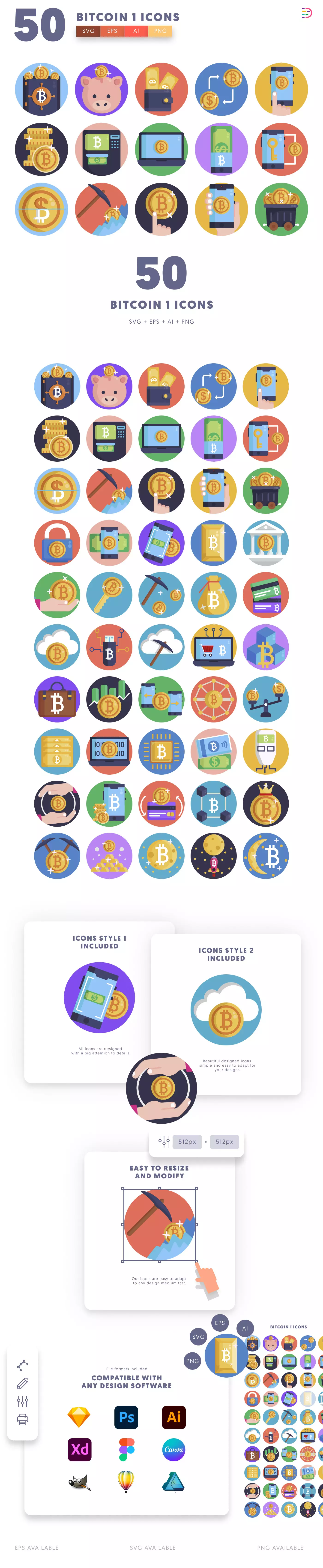 50 Bitcoin Mining & Finance Icons cover – illustrated icons in PNG, SVG and EPS
