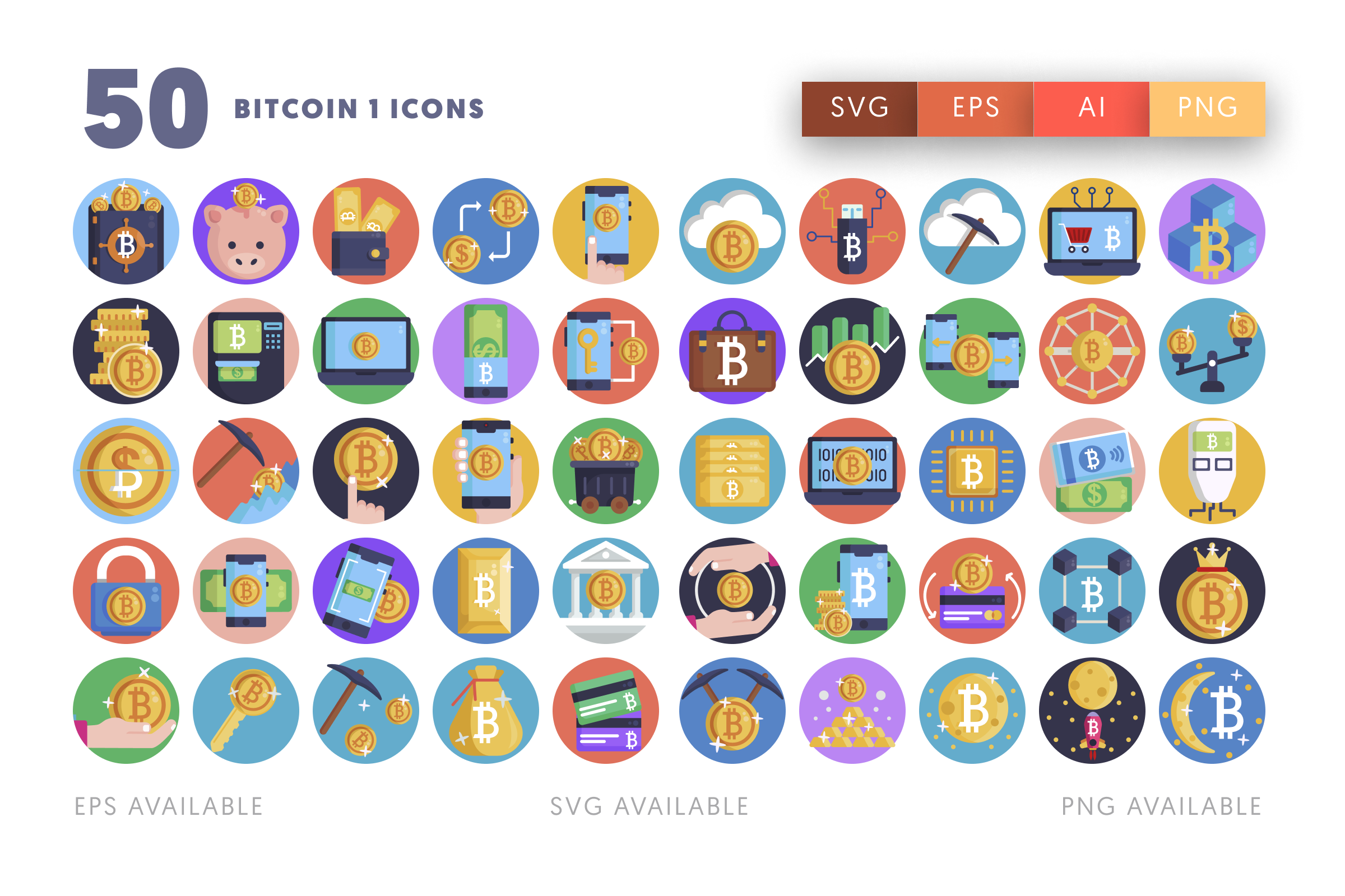 50 Bitcoin Mining & Finance Icons – illustrated icon set