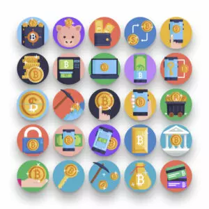 50 Bitcoin Mining & Finance Icons – set of colorful illustrated icons