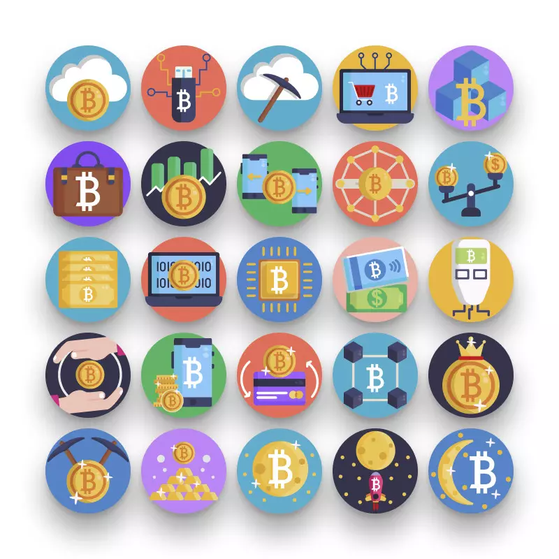 50 Bitcoin Mining & Finance Icons – set of colorful illustrated icons
