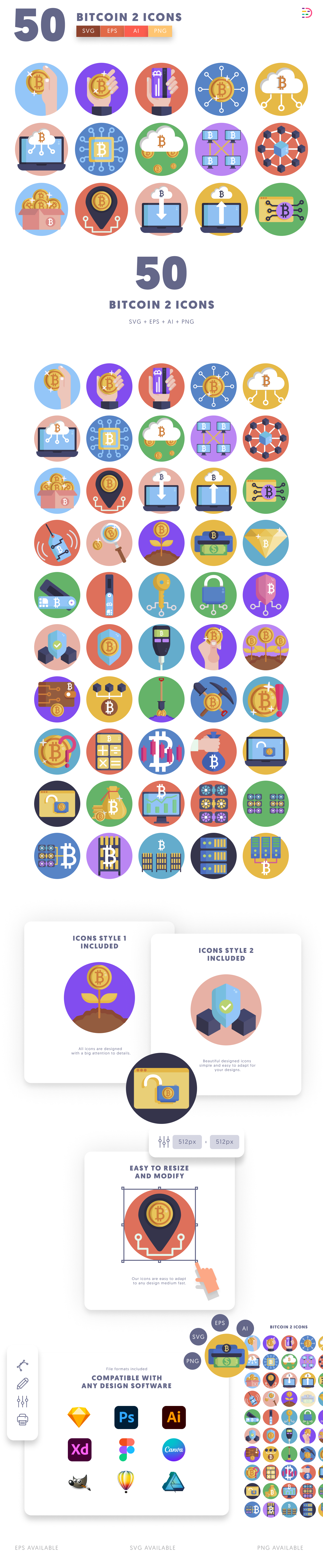 50 Blockchain & Crypto Tech Icons cover – illustrated icons in PNG, SVG and EPS