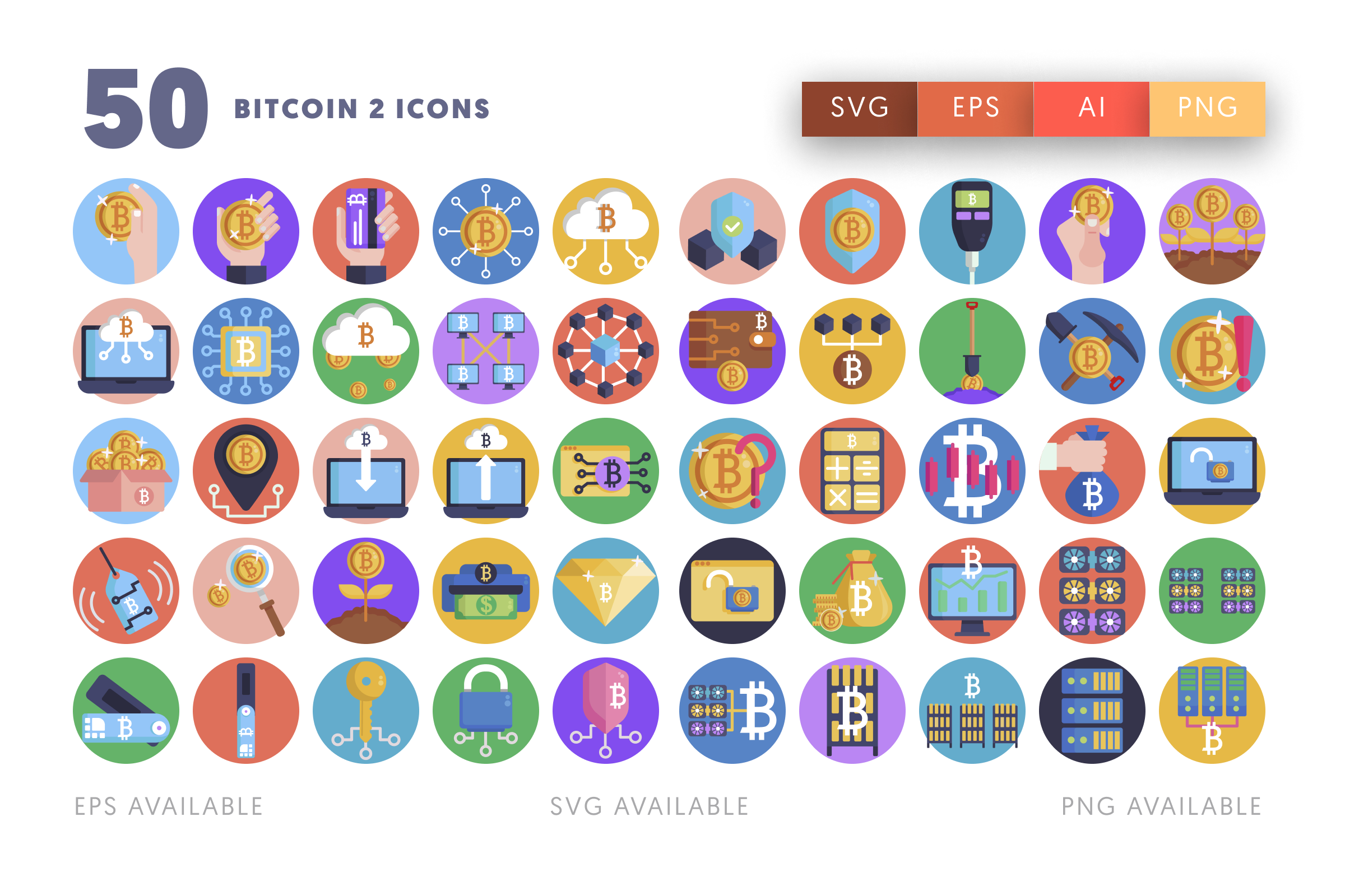 50 Blockchain & Crypto Tech Icons – illustrated icon set