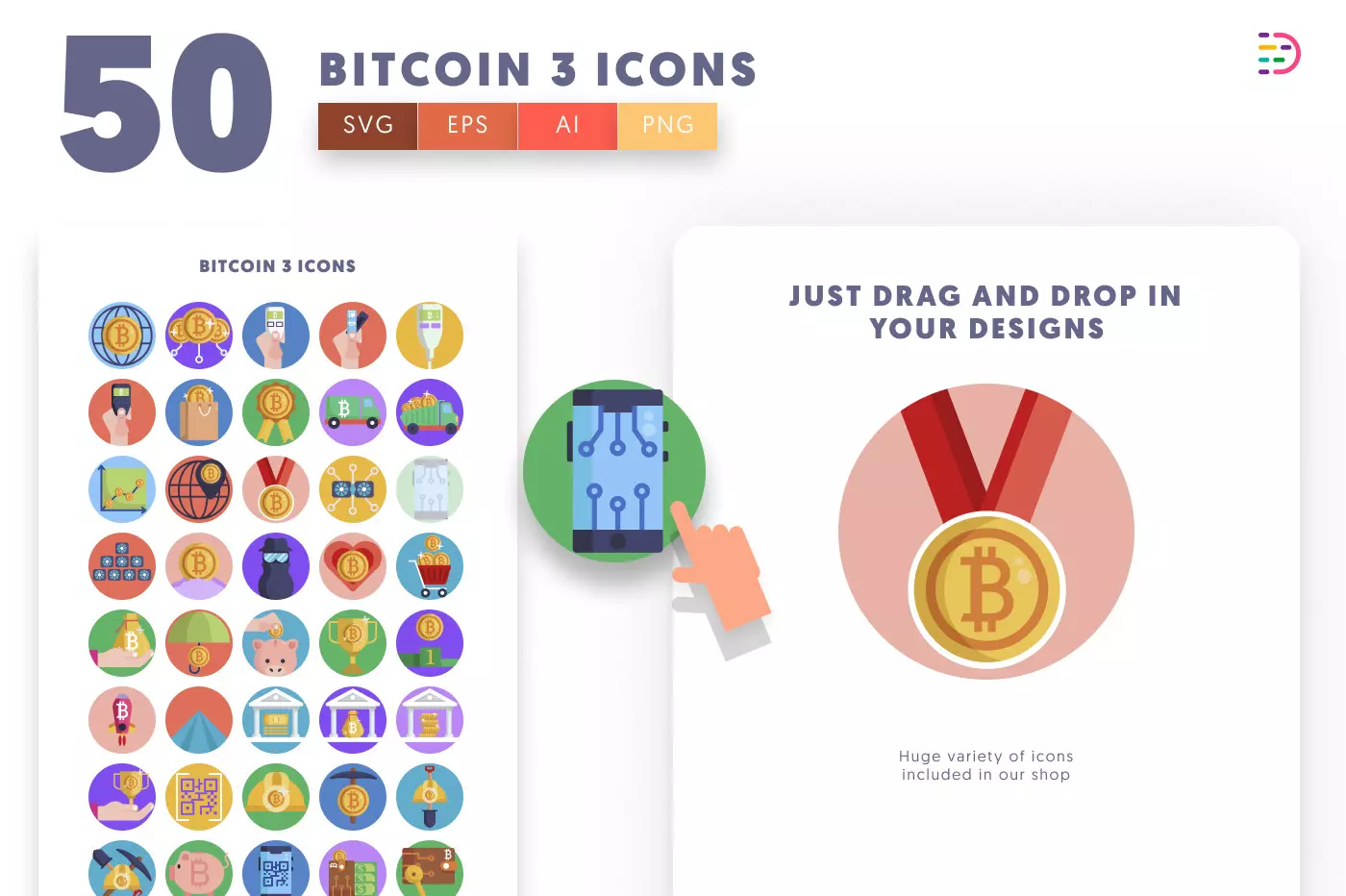 50 Bitcoin Payment & Shopping Icons preview 1 – illustrated icons in PNG, SVG and EPS