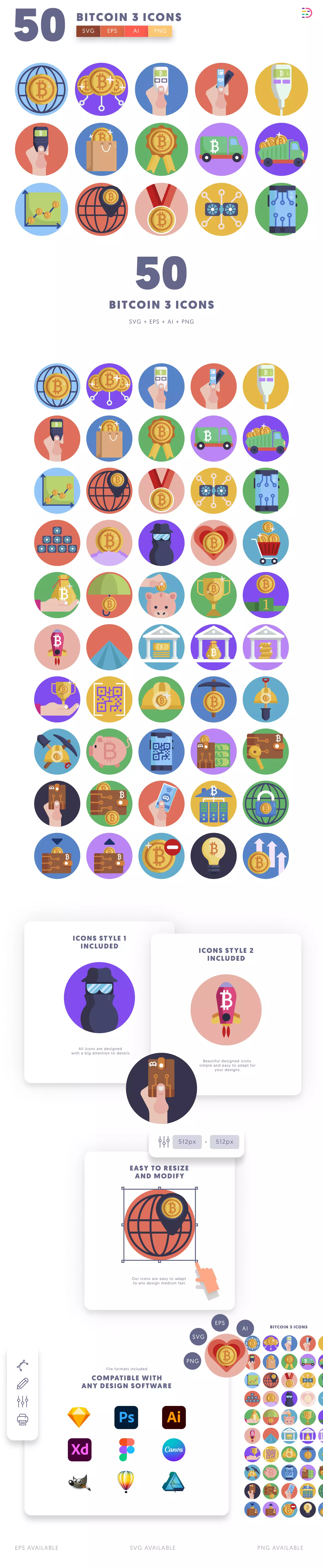 50 Bitcoin Payment & Shopping Icons cover – illustrated icons in PNG, SVG and EPS
