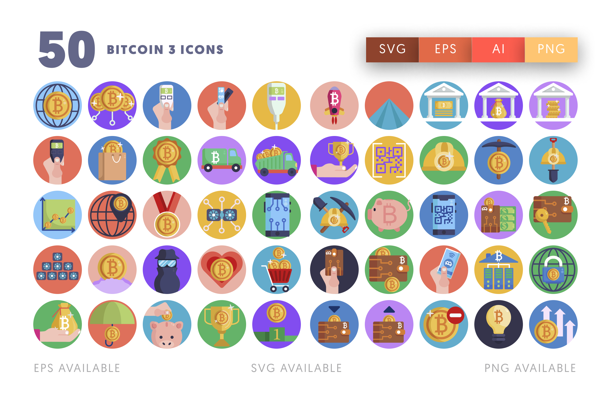 50 Bitcoin Payment & Shopping Icons – illustrated icon set
