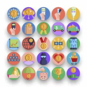 50 Bitcoin Payment & Shopping Icons – set of colorful illustrated icons