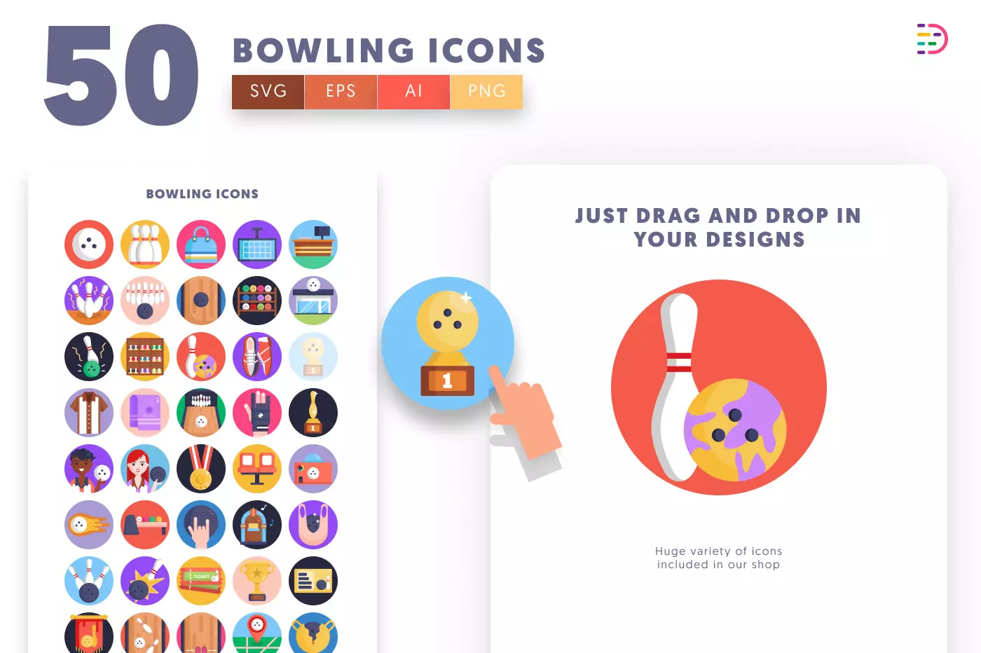 50 Bowling Icons preview 1 – illustrated icons in PNG, SVG and EPS