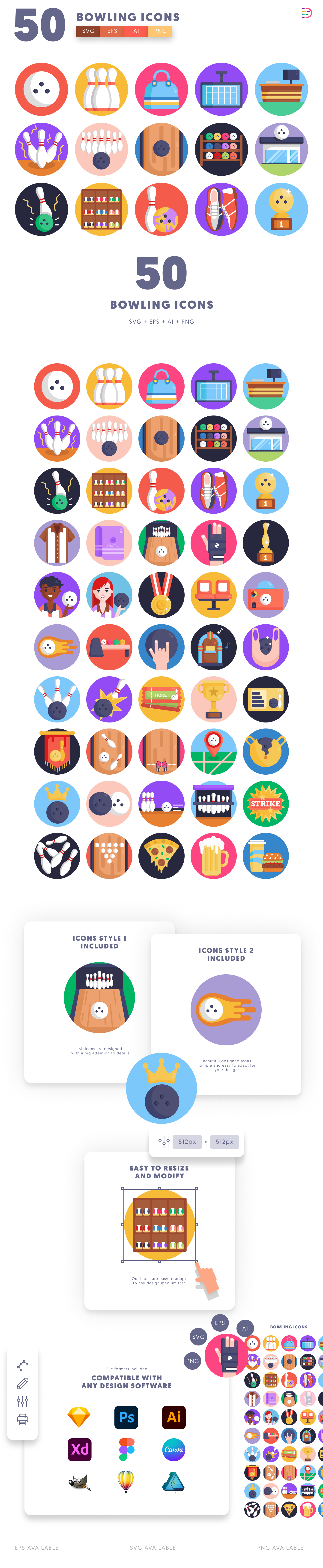 50 Bowling Icons cover – illustrated icons in PNG, SVG and EPS