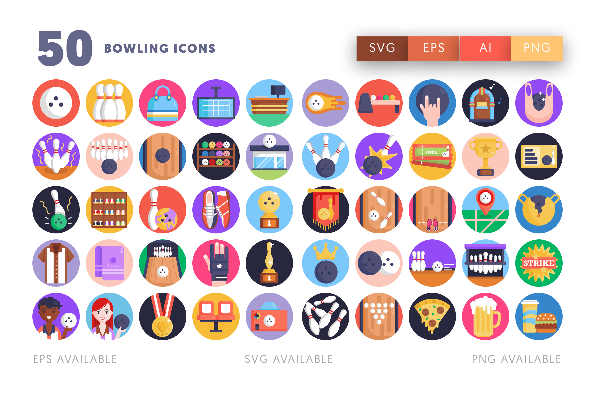 50 Bowling Icons – illustrated icon set