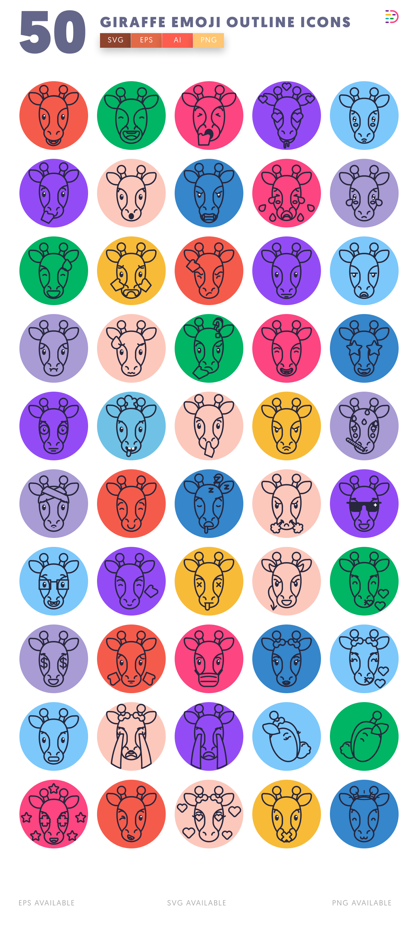 50 Giraffe Emoji Outline Icons – all icons in the set
