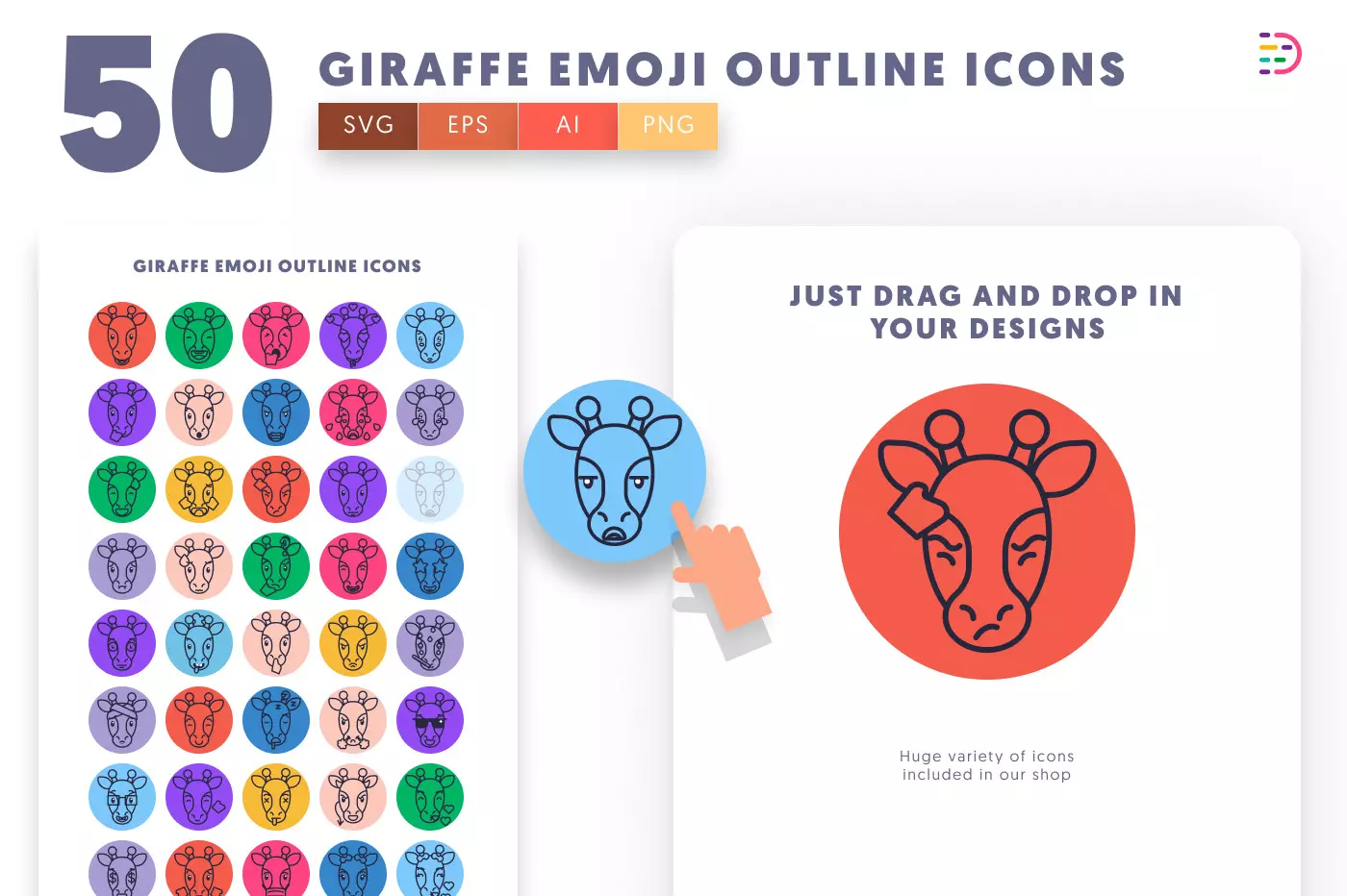 50 Giraffe Emoji Outline Icons preview 1 – line icons in PNG, SVG and EPS