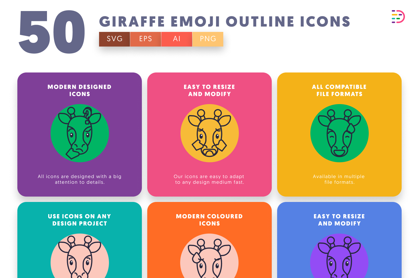 50 Giraffe Emoji Outline Icons preview 5 – line icons in PNG, SVG and EPS