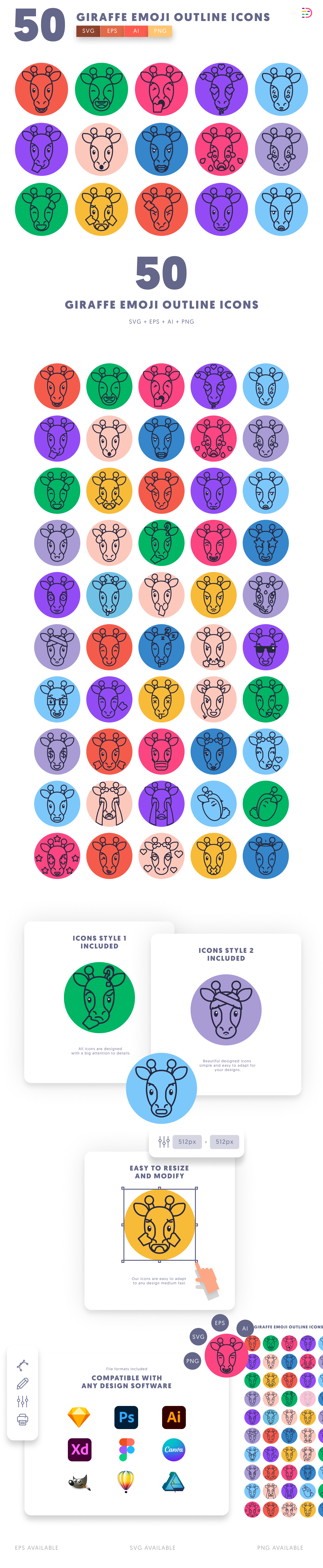 50 Giraffe Emoji Outline Icons cover – line icons in PNG, SVG and EPS