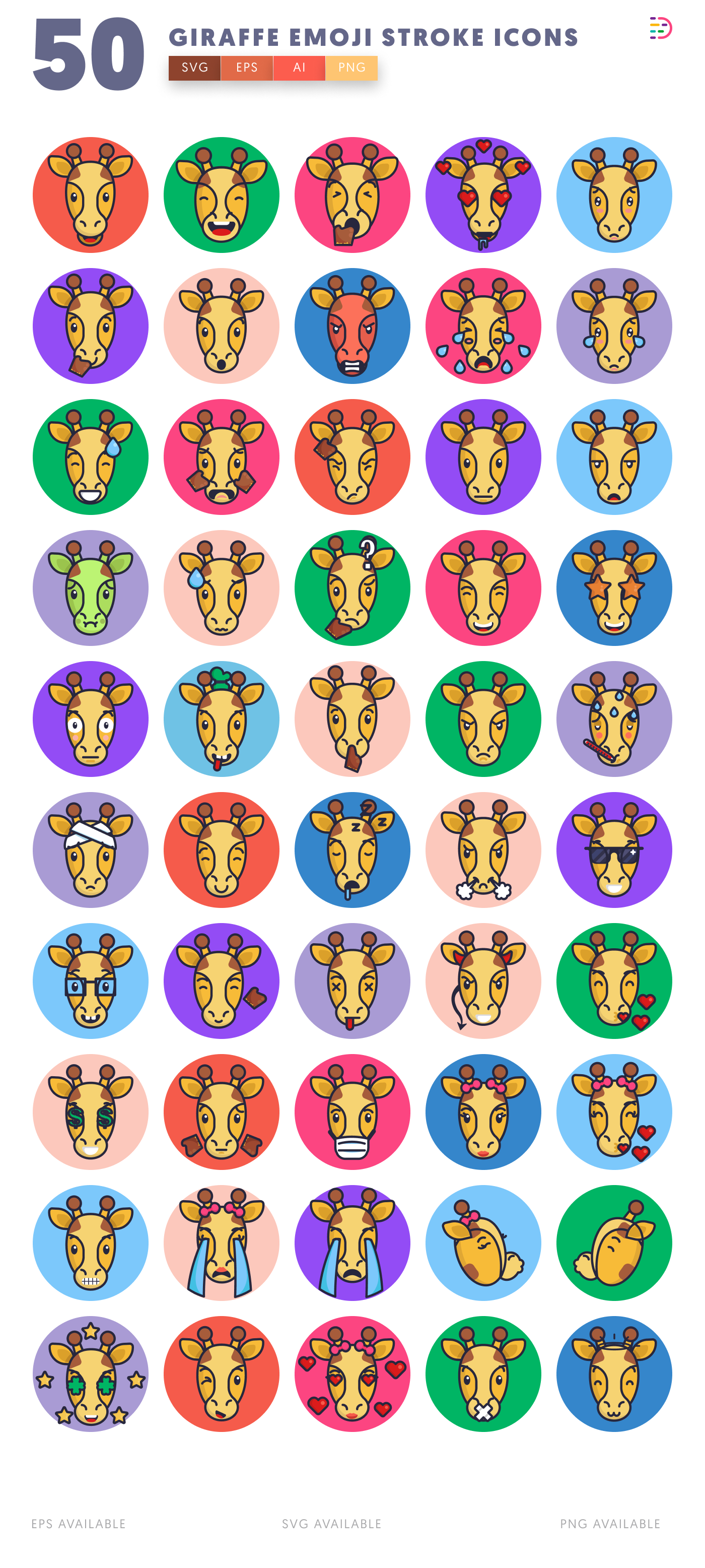 50 Giraffe Emoji Stroke Icons – all icons in the set