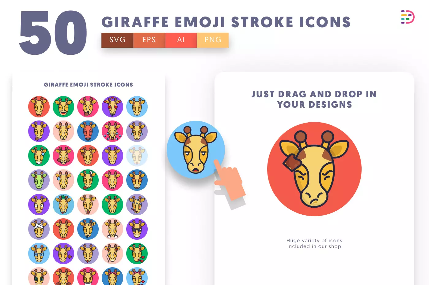 50 Giraffe Emoji Stroke Icons preview 1 – illustrated icons in PNG, SVG and EPS