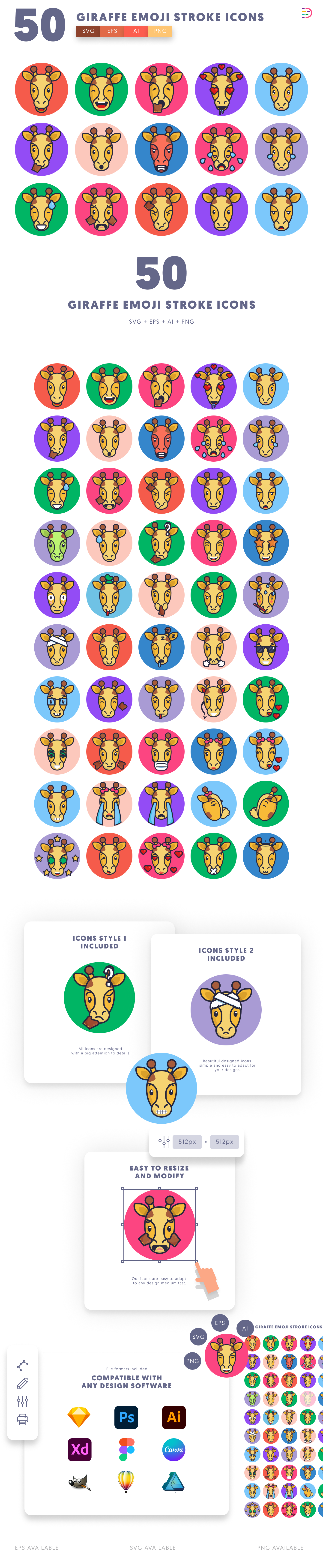 50 Giraffe Emoji Stroke Icons cover – illustrated icons in PNG, SVG and EPS