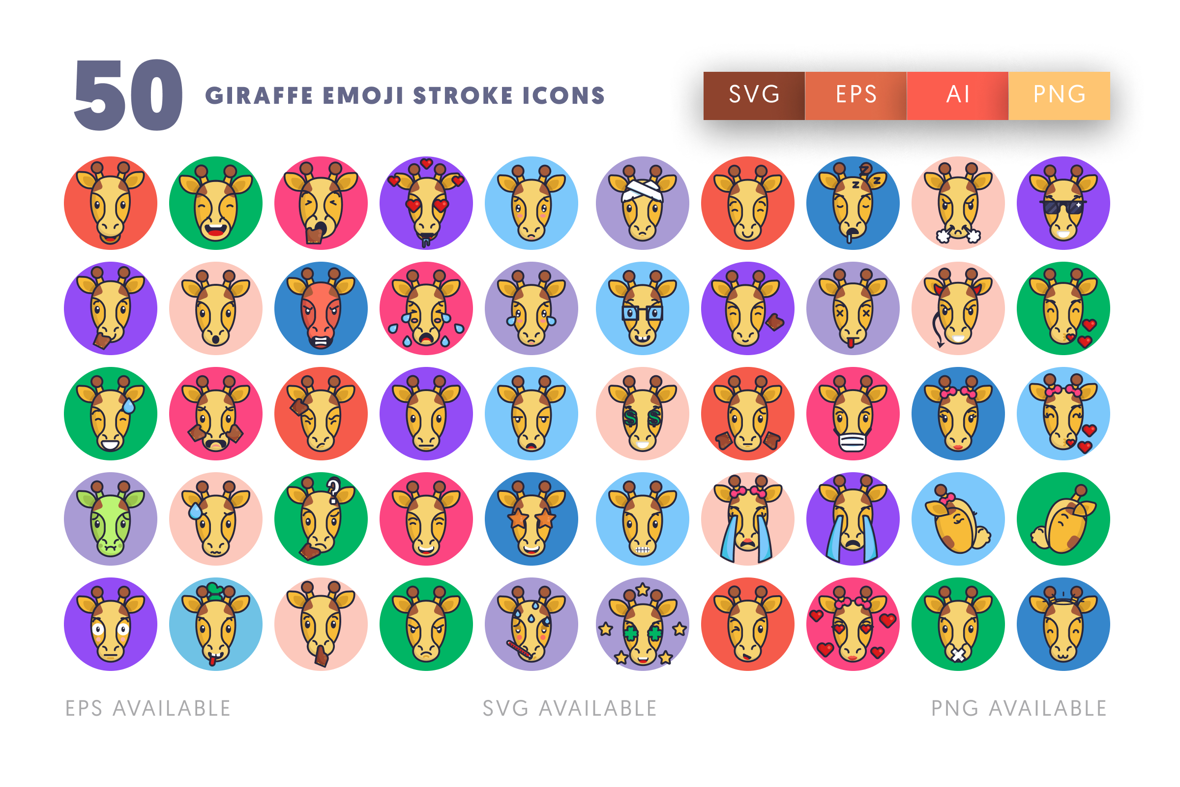 50 Giraffe Emoji Stroke Icons – illustrated icon set
