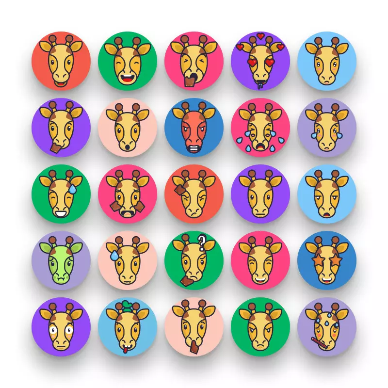 50 Giraffe Emoji Stroke Icons – set of colorful illustrated icons
