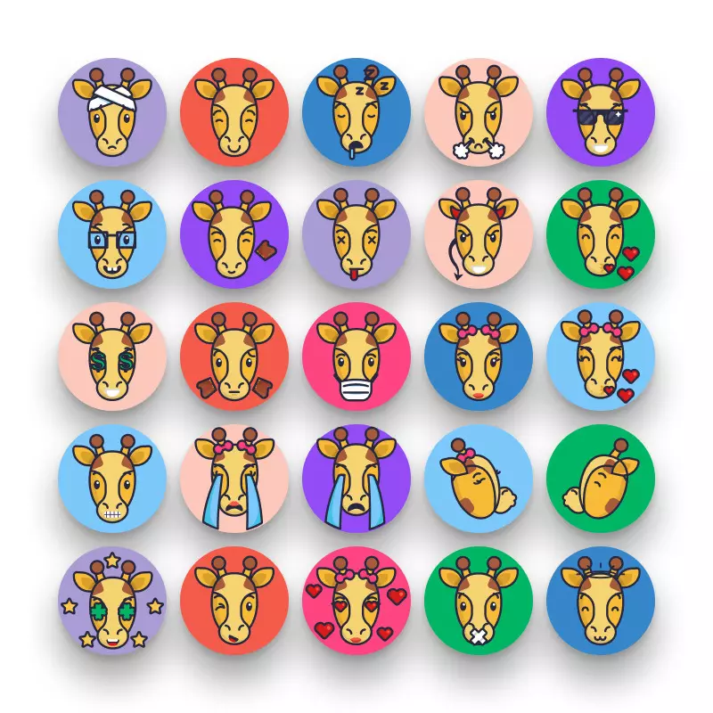 50 Giraffe Emoji Stroke Icons – set of colorful illustrated icons