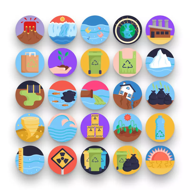 50 Global Warming Icons – set of colorful illustrated icons