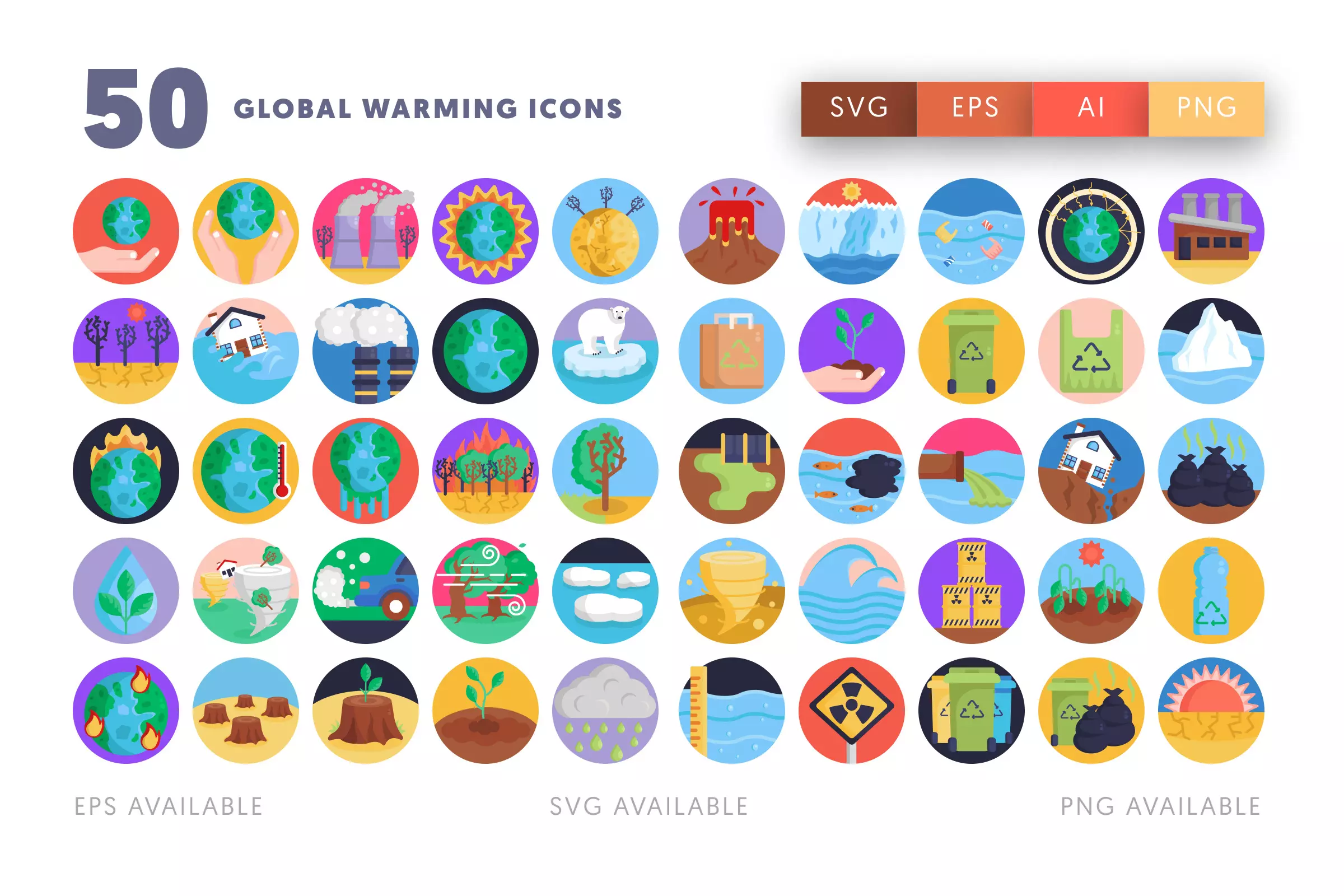 50 Global Warming Icons – illustrated icon set