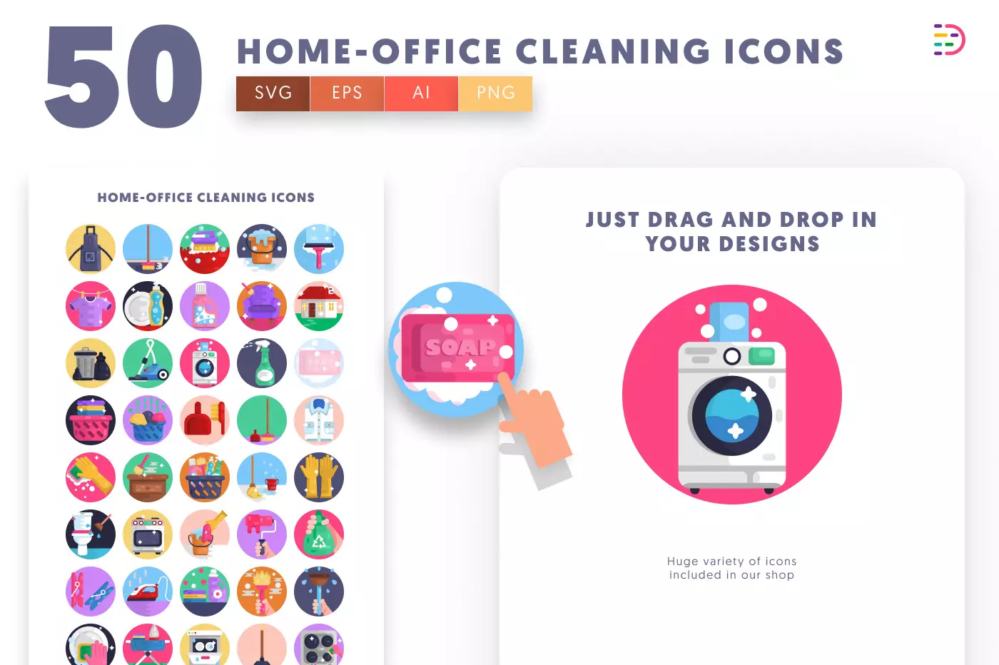 50 Home and Office Cleaning Icons preview 1 – illustrated icons in PNG, SVG and EPS